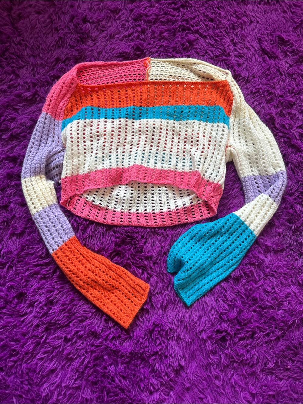 SHEIN Colorblock Open-Knit Cropped Sweater in Pink, Orange, Blue, Purple, Cream
